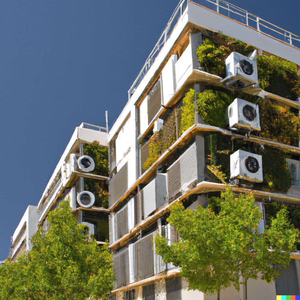 Urban buildings with green roofs and vegetation